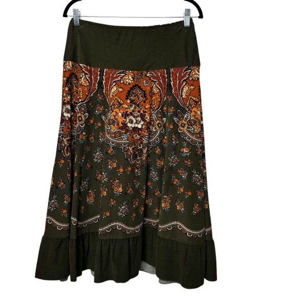 Vintage Y2K Corduroy Skirt Brown Orange Floral BOHO Prairie Ruffle Petite Small - Picture 3 of 14
